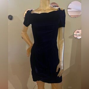 80s Vintage Navy Blue Velvet Off-Shoulder Mini Dress